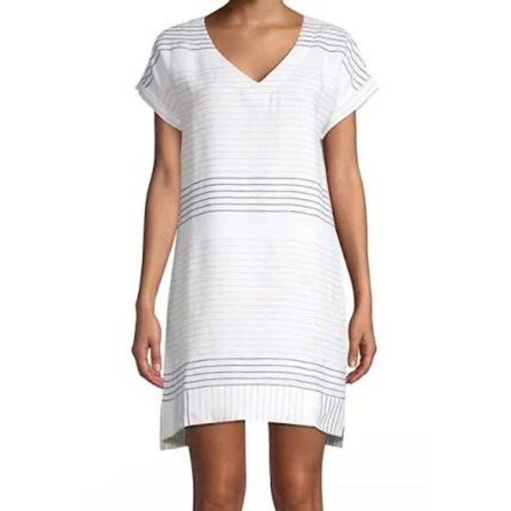 Vineyard Vines Women's White Linen Lurex Striped V-Neck Shift Dress Size 4